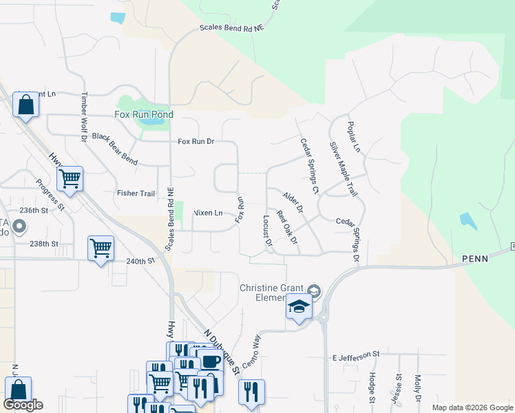 map of restaurants, bars, coffee shops, grocery stores, and more near 290 Locust Drive in North Liberty