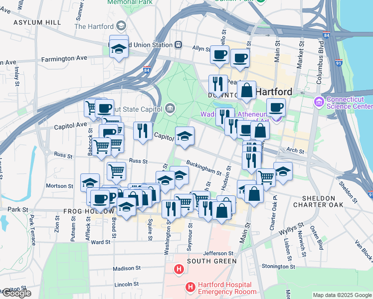 map of restaurants, bars, coffee shops, grocery stores, and more near 165 Capitol Avenue in Hartford