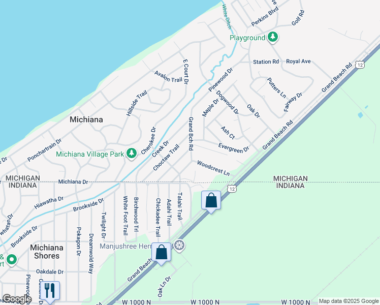 map of restaurants, bars, coffee shops, grocery stores, and more near 4104 Chippewa Trail in Michiana