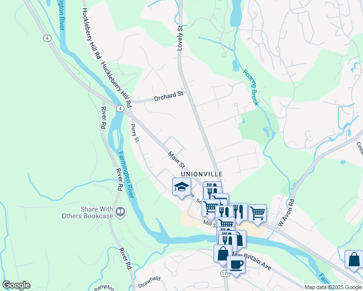 map of restaurants, bars, coffee shops, grocery stores, and more near 154 Main Street in Farmington