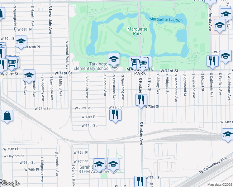 map of restaurants, bars, coffee shops, grocery stores, and more near 7234 South Christiana Avenue in Chicago