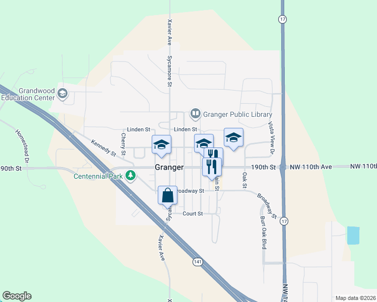 map of restaurants, bars, coffee shops, grocery stores, and more near 2002 Locust Street in Granger