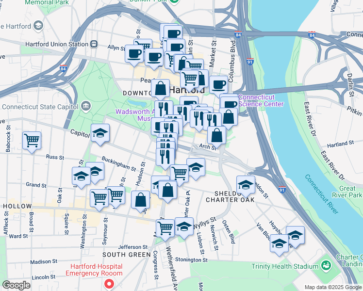 map of restaurants, bars, coffee shops, grocery stores, and more near 500 Main Street in Hartford