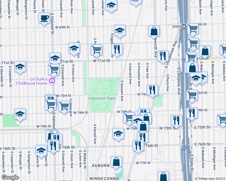 map of restaurants, bars, coffee shops, grocery stores, and more near 513 West 72nd Street in Chicago
