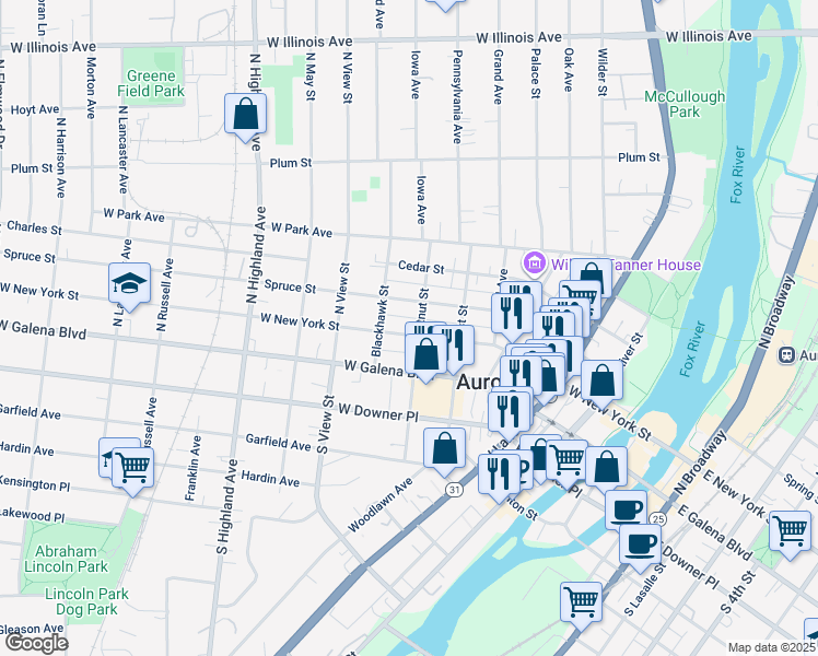 map of restaurants, bars, coffee shops, grocery stores, and more near 405 West New York Street in Aurora