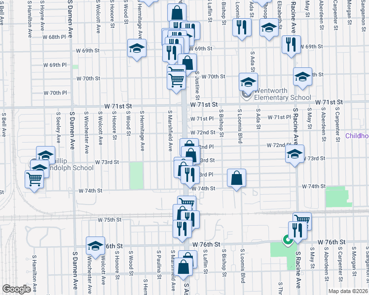 map of restaurants, bars, coffee shops, grocery stores, and more near S Ashland Ave & W 72nd Pl in Chicago