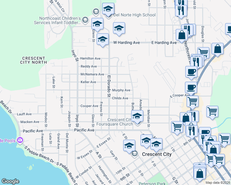 map of restaurants, bars, coffee shops, grocery stores, and more near 575 Childs Avenue in Crescent City