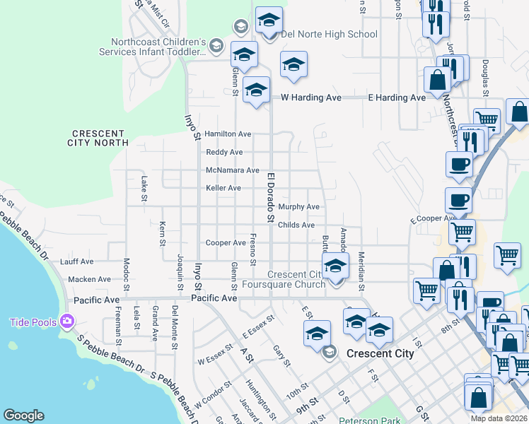 map of restaurants, bars, coffee shops, grocery stores, and more near 575 Childs Avenue in Crescent City