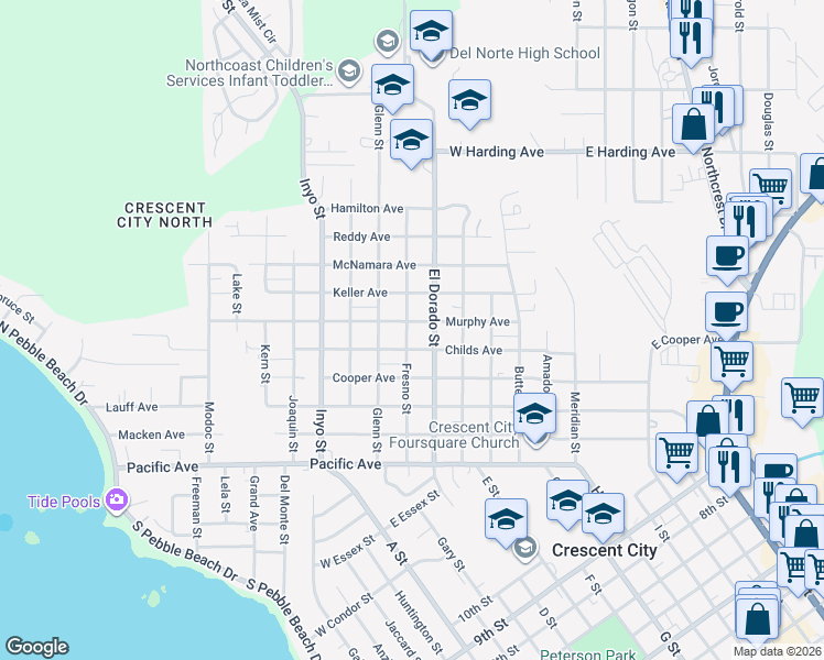 map of restaurants, bars, coffee shops, grocery stores, and more near 485 Fresno Street in Crescent City