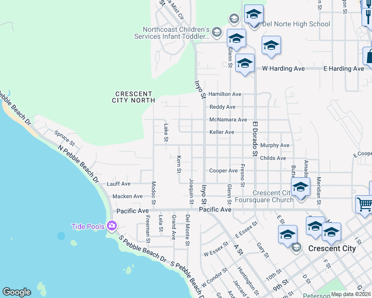 map of restaurants, bars, coffee shops, grocery stores, and more near 1085 Childs Avenue in Crescent City