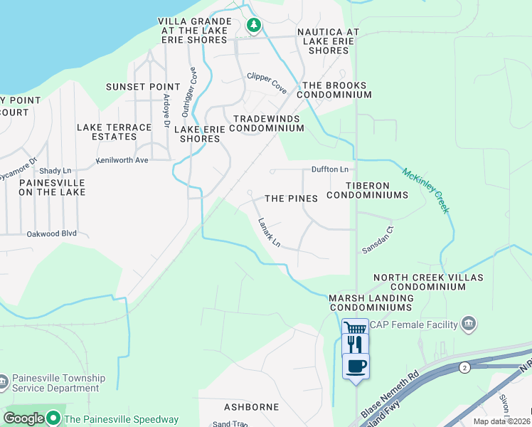 map of restaurants, bars, coffee shops, grocery stores, and more near 780 Lanark Lane in Painesville