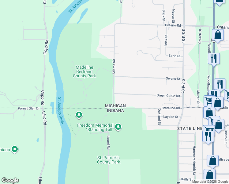 map of restaurants, bars, coffee shops, grocery stores, and more near 3161 Adams Road in Niles