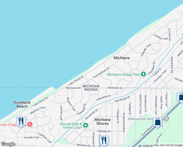 map of restaurants, bars, coffee shops, grocery stores, and more near 3826 Ponchartrain Drive in Michiana