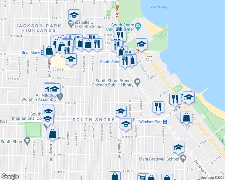 map of restaurants, bars, coffee shops, grocery stores, and more near 7336 South Yates Boulevard in Chicago