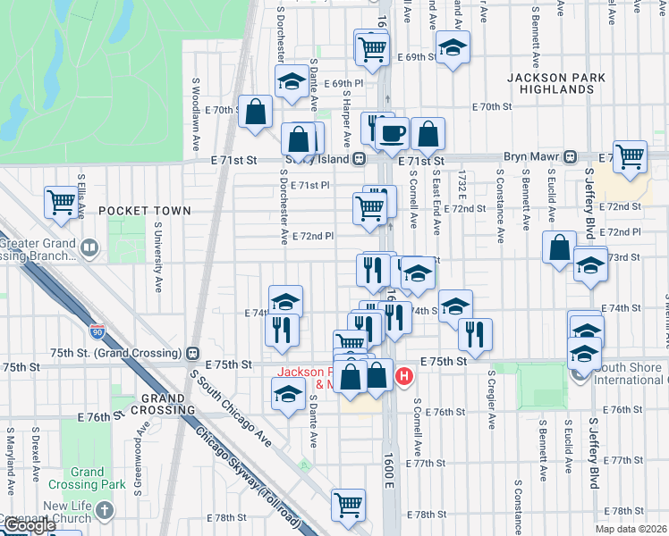 map of restaurants, bars, coffee shops, grocery stores, and more near 1509 East 73rd Street in Chicago
