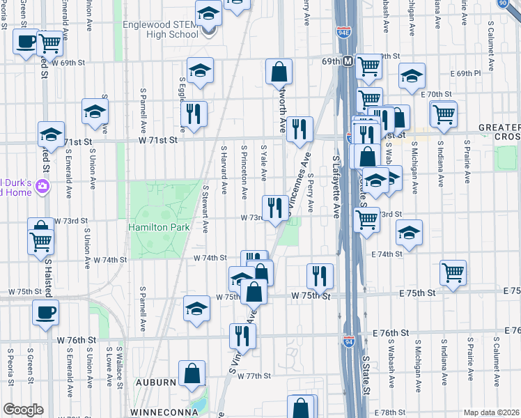 map of restaurants, bars, coffee shops, grocery stores, and more near 7302 South Yale Avenue in Chicago