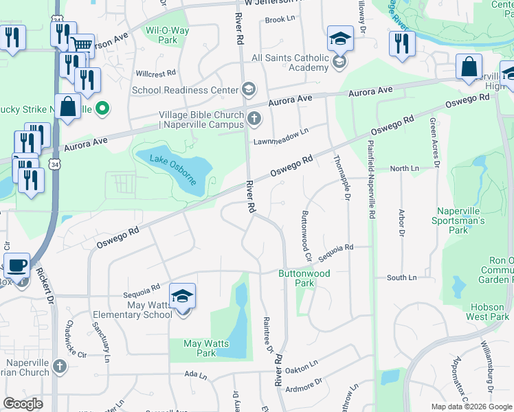 map of restaurants, bars, coffee shops, grocery stores, and more near 719 Raintree Drive in Naperville