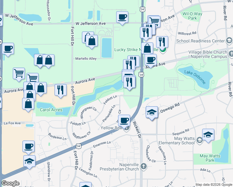 map of restaurants, bars, coffee shops, grocery stores, and more near 708 Violet Circle in Naperville