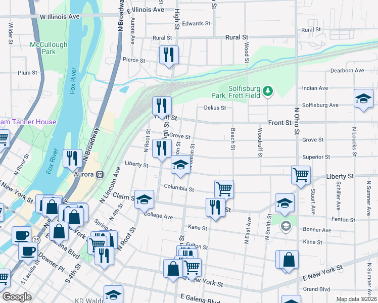 map of restaurants, bars, coffee shops, grocery stores, and more near 312 North Union Street in Aurora