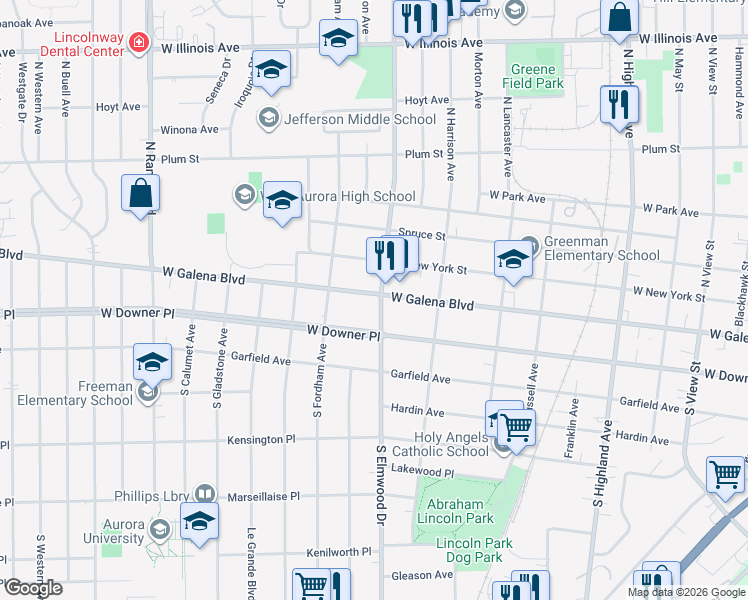 map of restaurants, bars, coffee shops, grocery stores, and more near 18 South Elmwood Drive in Aurora