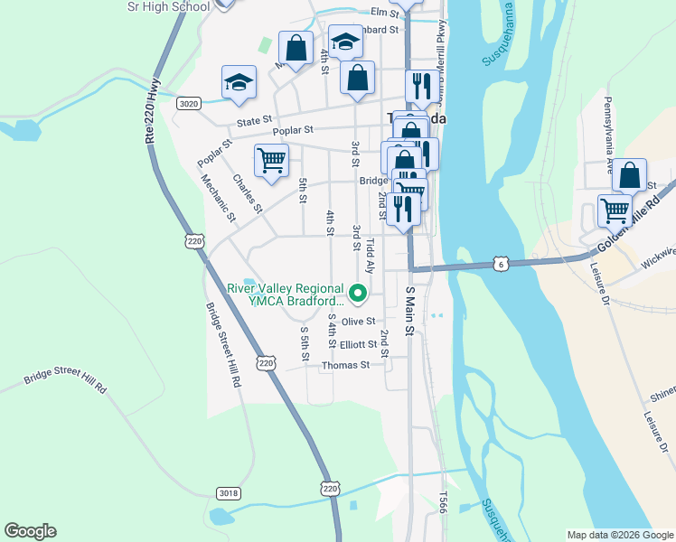 map of restaurants, bars, coffee shops, grocery stores, and more near 8 College Ave in Towanda