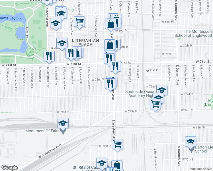 map of restaurants, bars, coffee shops, grocery stores, and more near 7221 South Artesian Avenue in Chicago