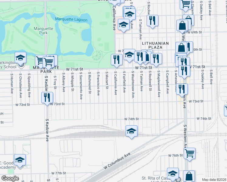 map of restaurants, bars, coffee shops, grocery stores, and more near 7228 South California Avenue in Chicago