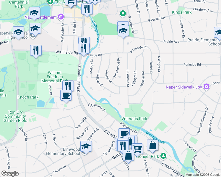map of restaurants, bars, coffee shops, grocery stores, and more near 830 Diane Lane in Naperville
