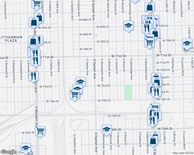 map of restaurants, bars, coffee shops, grocery stores, and more near 7250 South Damen Avenue in Chicago