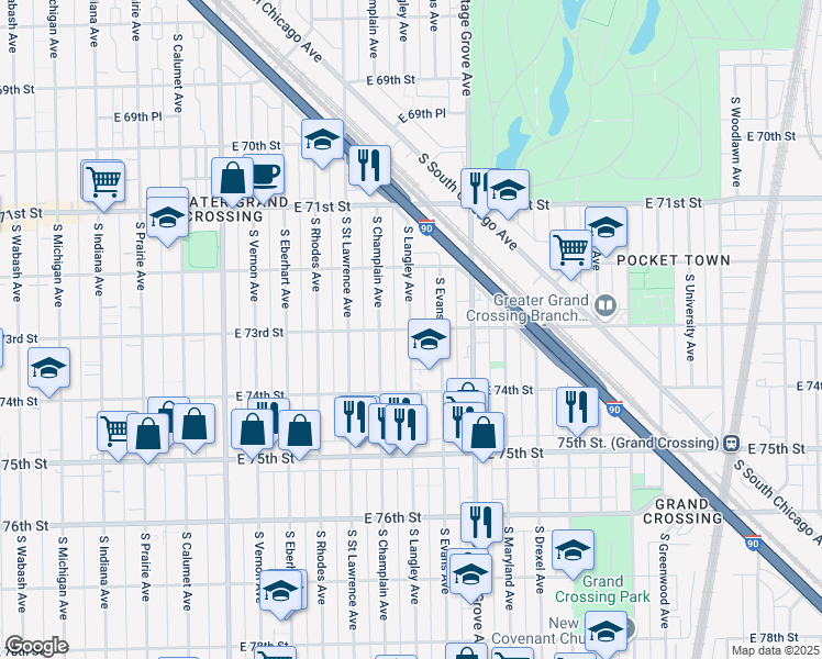 map of restaurants, bars, coffee shops, grocery stores, and more near South Langley Avenue & East 73rd Street in Chicago