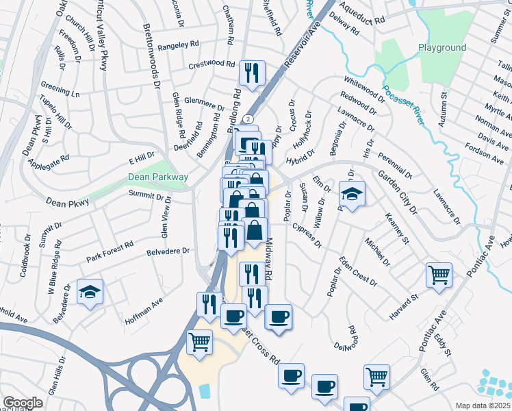 map of restaurants, bars, coffee shops, grocery stores, and more near 76-98 Midway Road in Cranston
