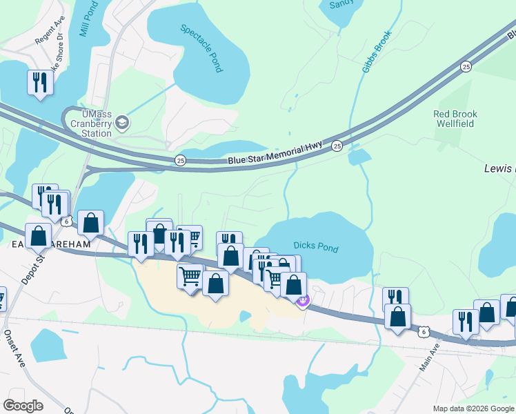 map of restaurants, bars, coffee shops, grocery stores, and more near 25 Madeline Street in Wareham