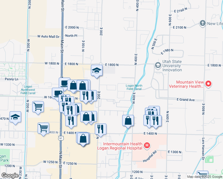 map of restaurants, bars, coffee shops, grocery stores, and more near 1585 North 400 East in North Logan