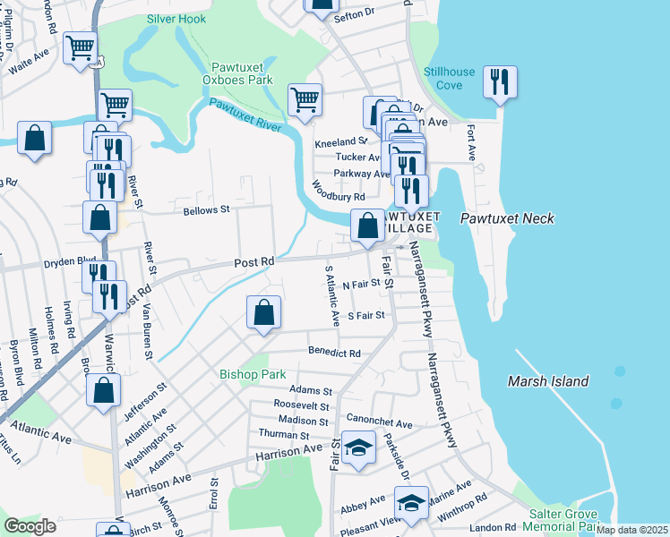 map of restaurants, bars, coffee shops, grocery stores, and more near 42 North Fair Street in Warwick