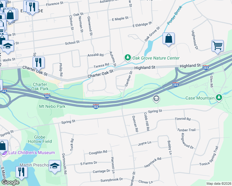 map of restaurants, bars, coffee shops, grocery stores, and more near Interstate 384 in Manchester