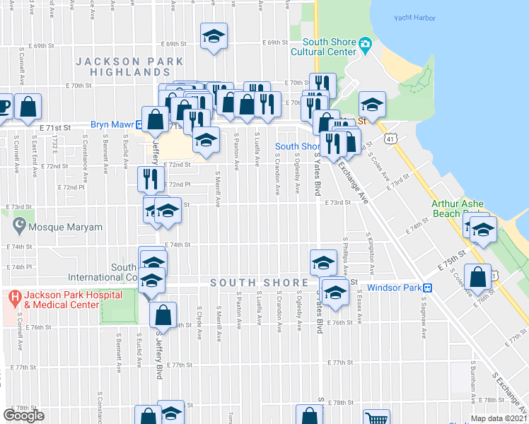 map of restaurants, bars, coffee shops, grocery stores, and more near 7339 South Luella Avenue in Chicago