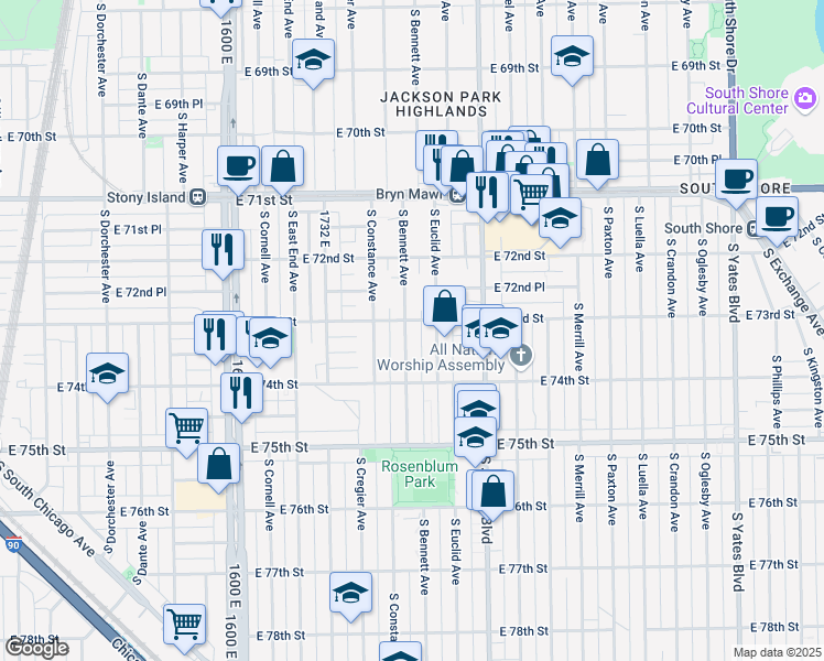 map of restaurants, bars, coffee shops, grocery stores, and more near 7333 1900 East in Chicago