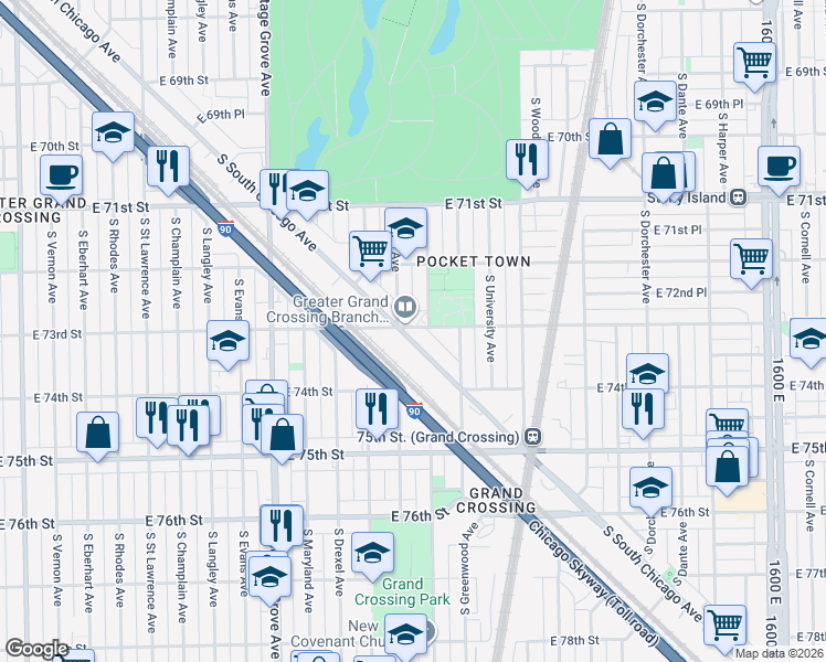 map of restaurants, bars, coffee shops, grocery stores, and more near 7310 South South Chicago Avenue in Chicago