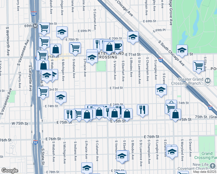 map of restaurants, bars, coffee shops, grocery stores, and more near 7317 South King Drive in Chicago