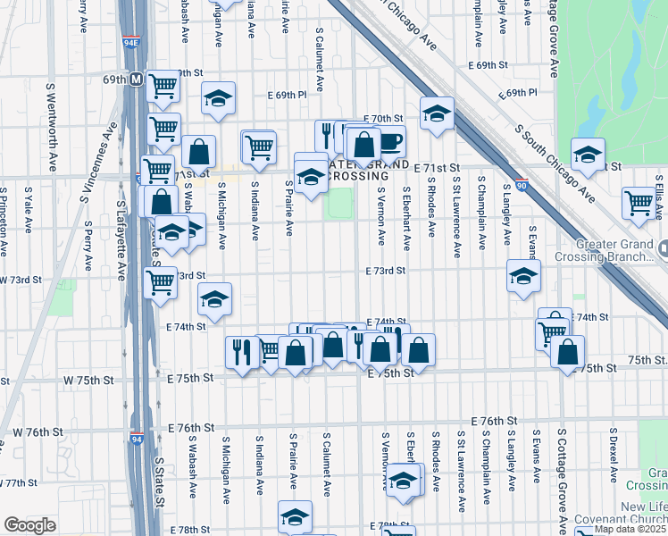 map of restaurants, bars, coffee shops, grocery stores, and more near 7319 South Calumet Avenue in Chicago