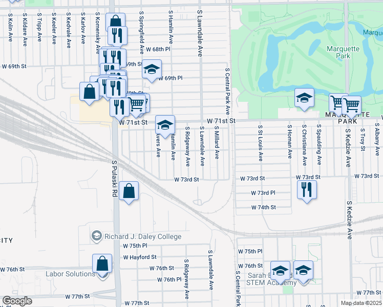 map of restaurants, bars, coffee shops, grocery stores, and more near 7228 South Lawndale Avenue in Chicago