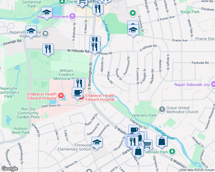 map of restaurants, bars, coffee shops, grocery stores, and more near 60 Golden Larch Court in Naperville