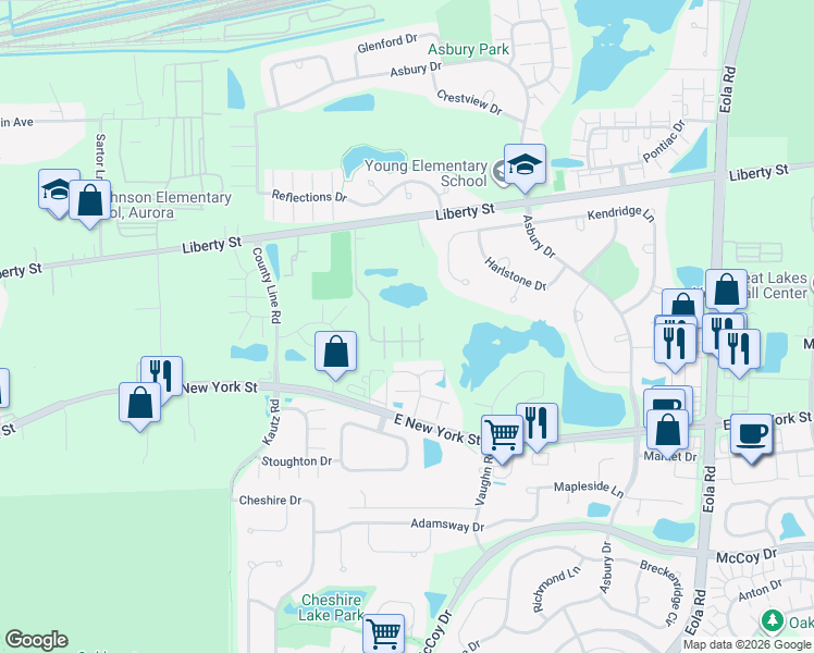 map of restaurants, bars, coffee shops, grocery stores, and more near 541 Wolverine Drive in Aurora