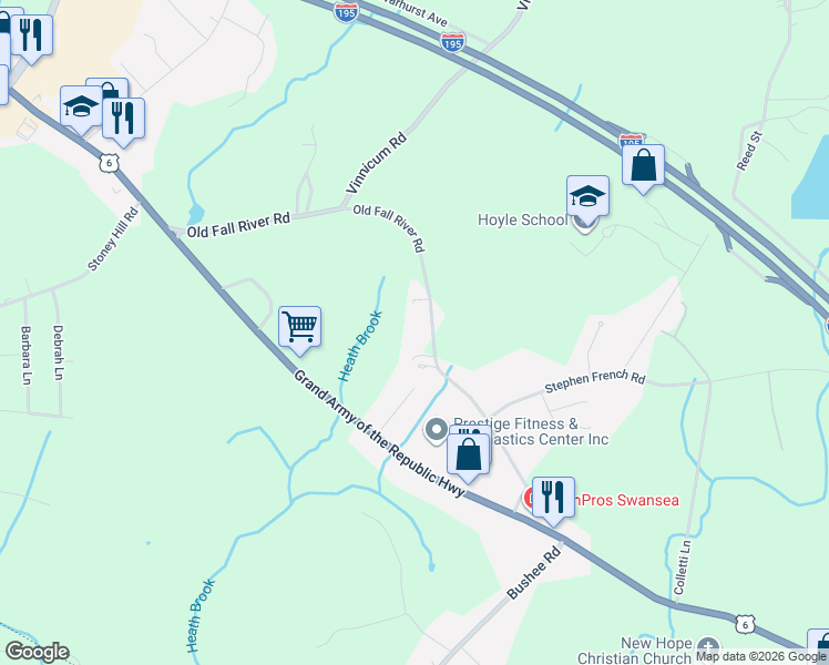 map of restaurants, bars, coffee shops, grocery stores, and more near 218 Old Fall River Road in Swansea