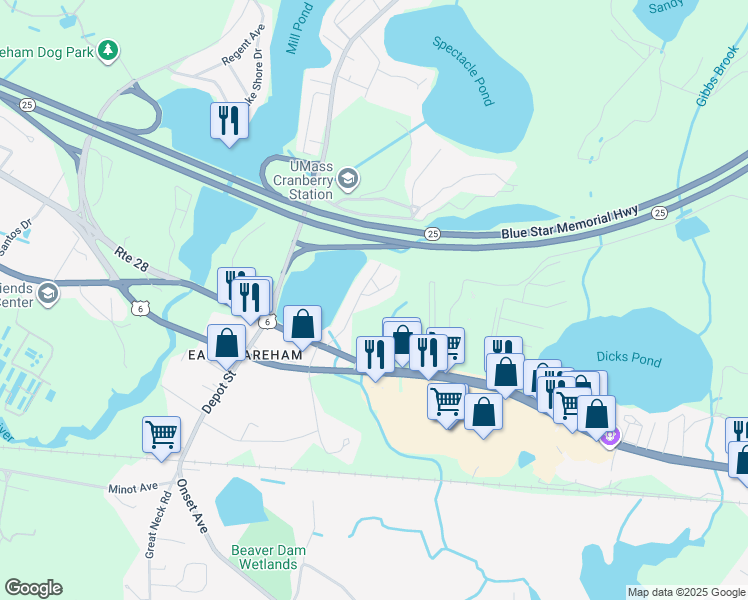 map of restaurants, bars, coffee shops, grocery stores, and more near 1 Gatehouse Drive in Wareham