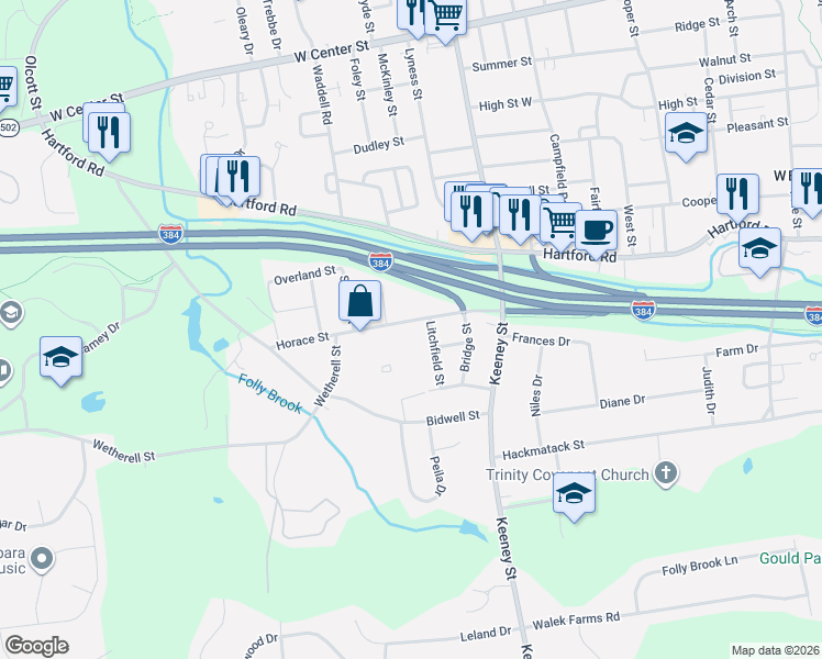 map of restaurants, bars, coffee shops, grocery stores, and more near 28 Litchfield Street in Manchester