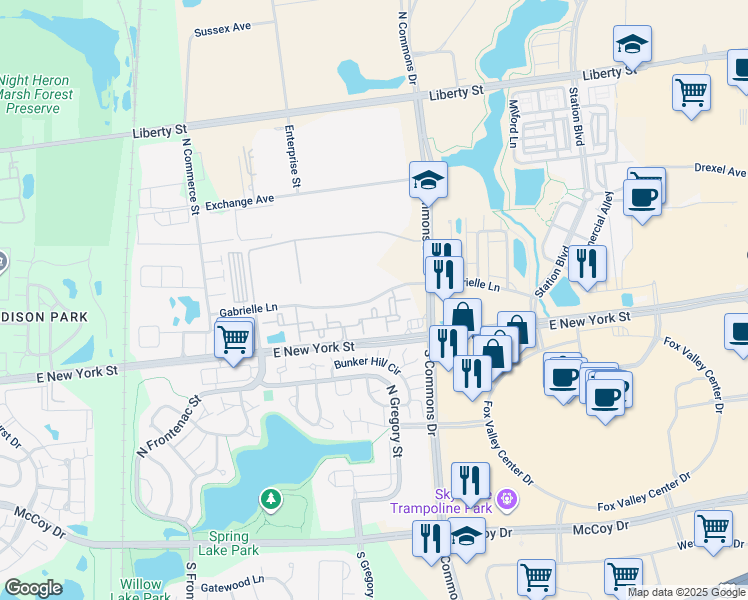 map of restaurants, bars, coffee shops, grocery stores, and more near Gabrielle Lane in Aurora