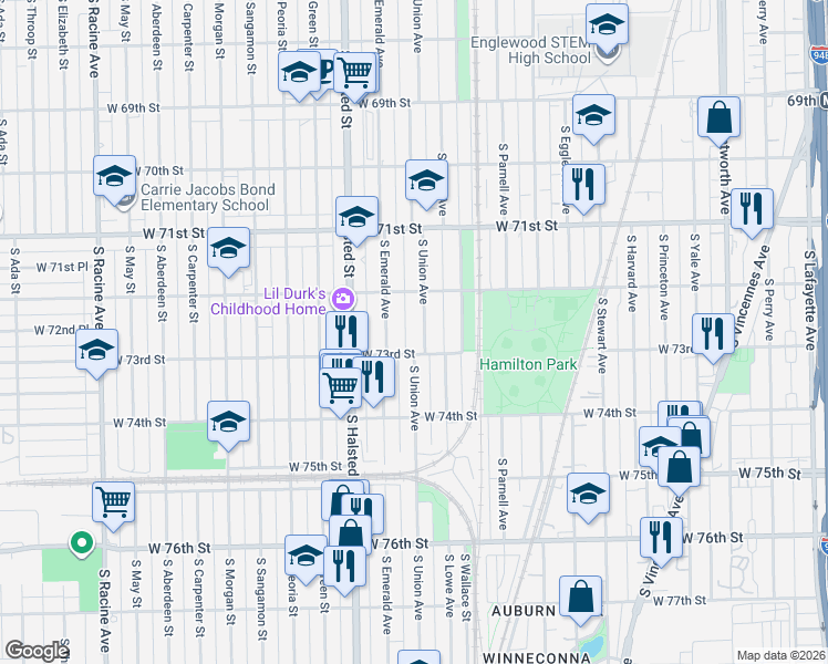 map of restaurants, bars, coffee shops, grocery stores, and more near 7300 South Union Avenue in Chicago