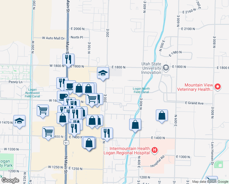 map of restaurants, bars, coffee shops, grocery stores, and more near 251 East 1630 North in North Logan