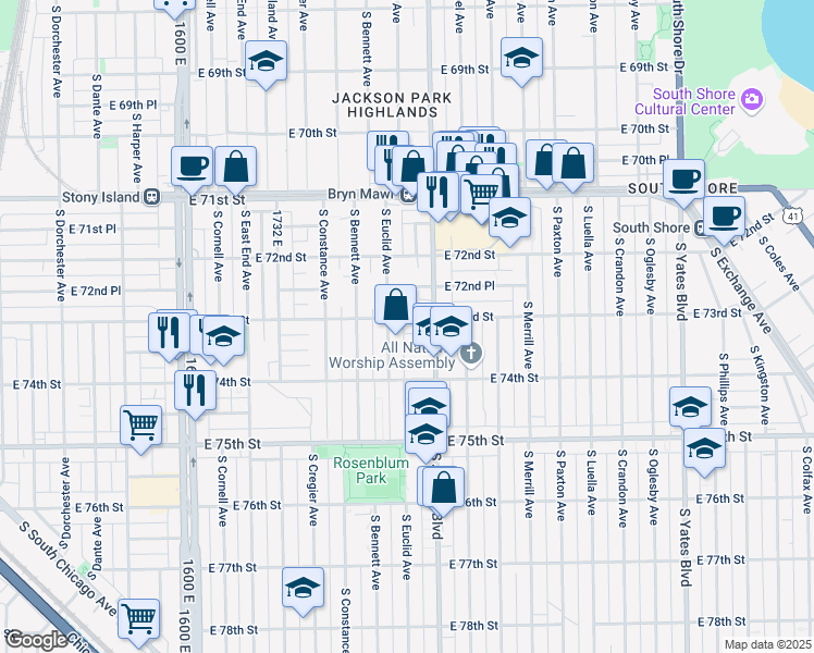 map of restaurants, bars, coffee shops, grocery stores, and more near 1949 East 73rd Street in Chicago